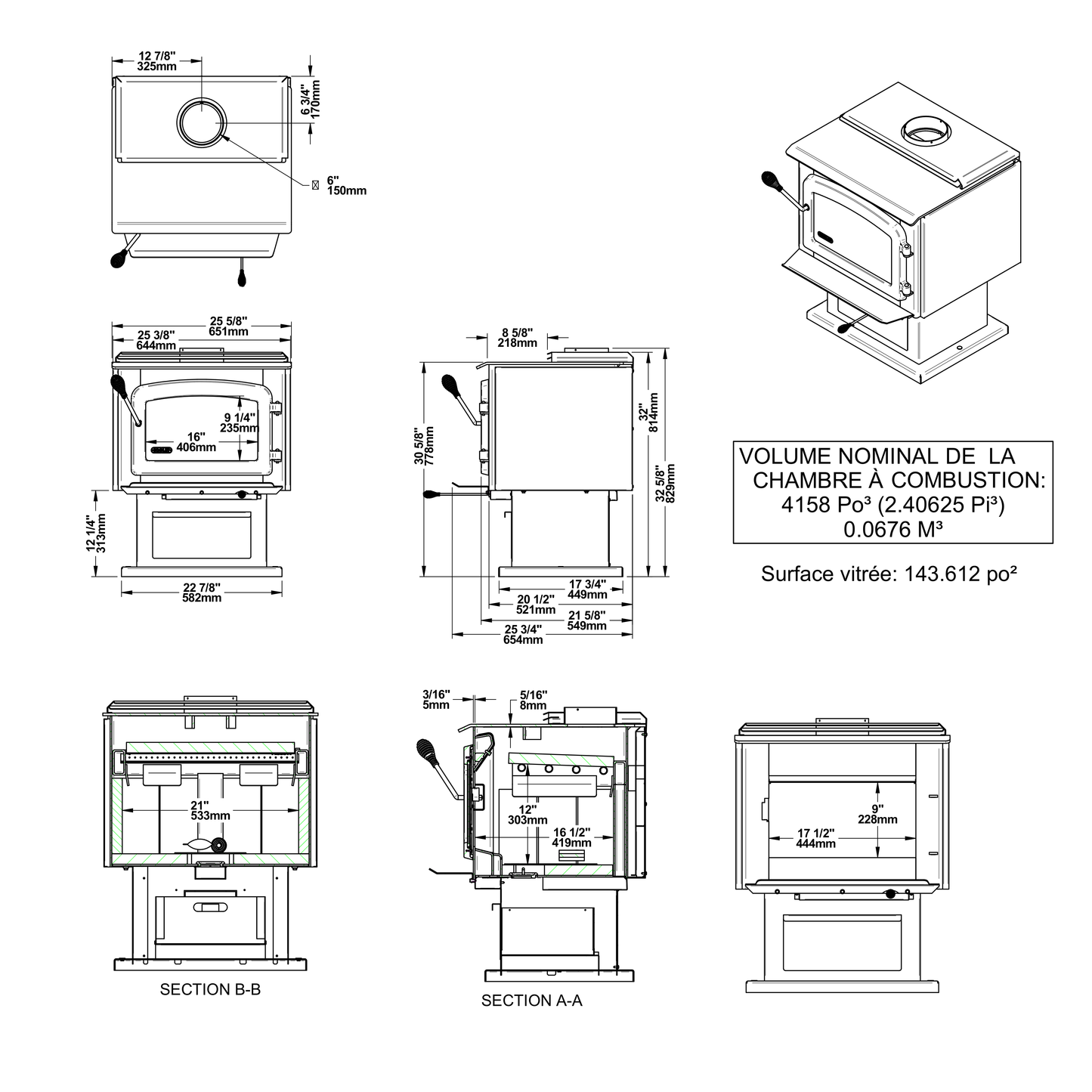 Drolet Escape 1800 dimensions — official dimension drawing (inches)