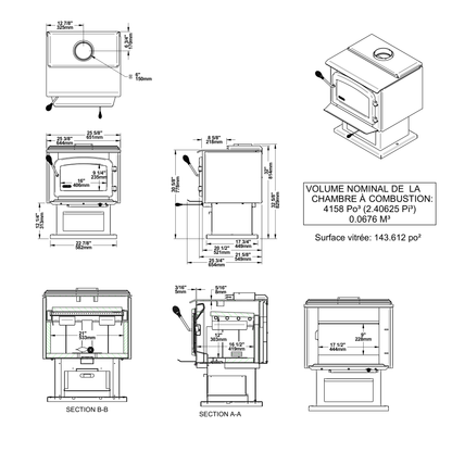 Drolet Escape 1800 dimensions — official dimension drawing (inches)