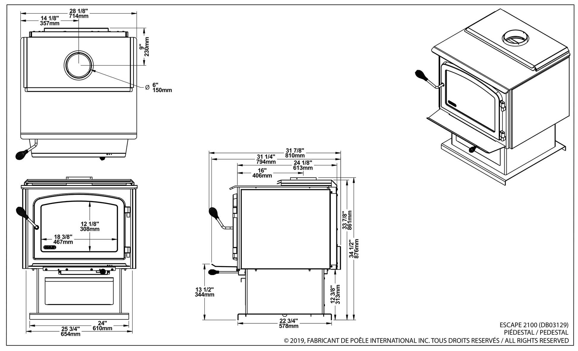 Drolet Escape 2100 dimensions — official dimension drawing (inches)