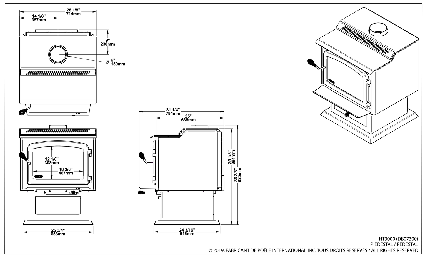 Drolet HT-3000 dimensions — official dimension drawing (inches)