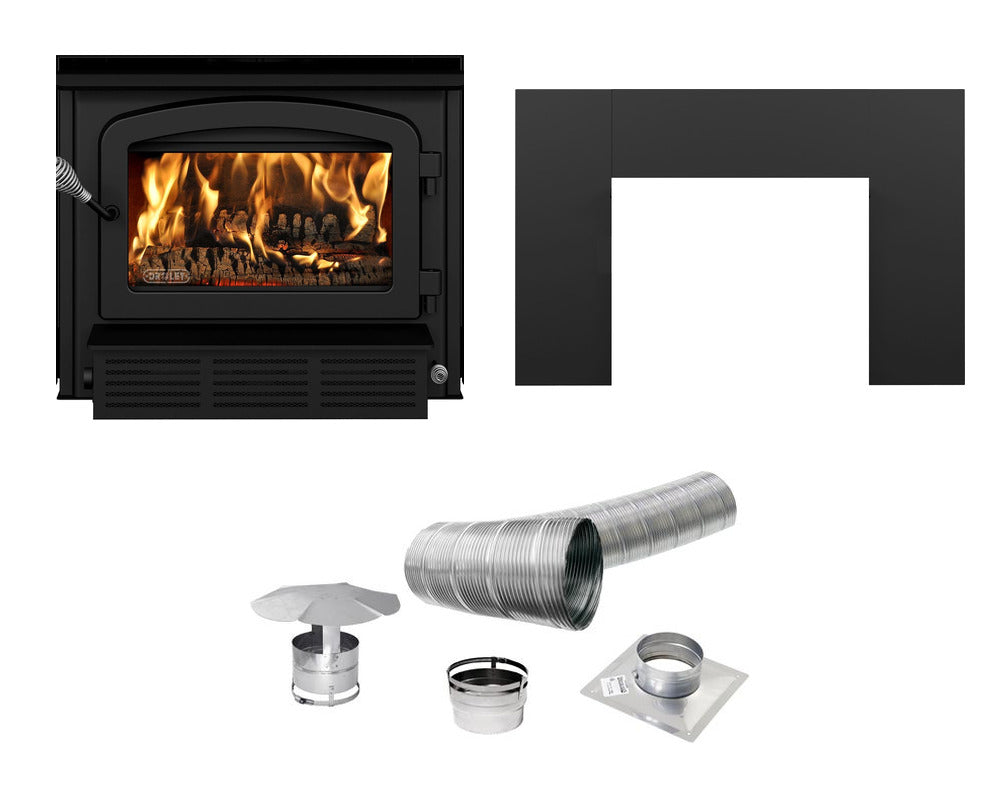 Drolet Escape 1500-I trio kit contents — wood insert, 29 x 44 faceplate, and 25 ft stainless flex liner kit shown separately