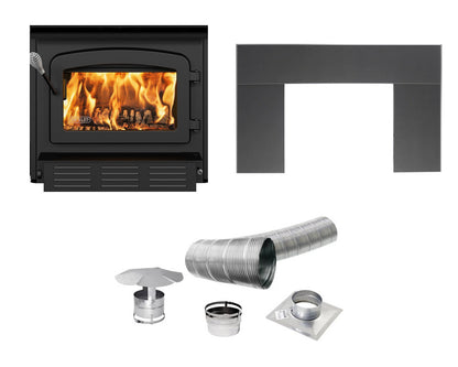 Drolet Escape 1800-I trio kit contents — wood insert, 32 x 50 brushed nickel faceplate, and 25 ft stainless flex liner kit shown separately