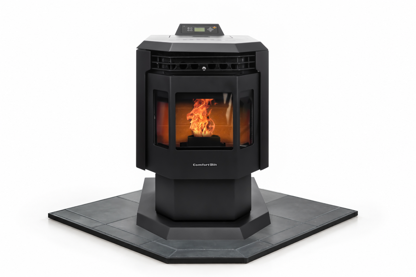 ComfortBilt HP21 pellet stove with 40" Black Copper corner hearth pad combo