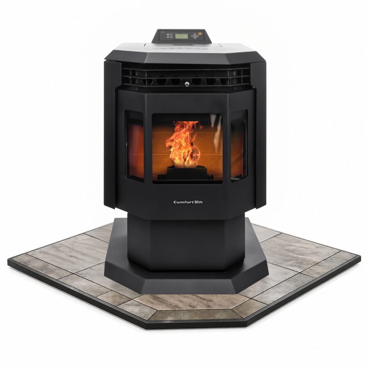 ComfortBilt HP21 pellet stove with 40" Iron Fog corner hearth pad combo