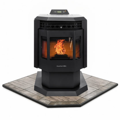 ComfortBilt HP21 pellet stove with 40" Iron Fog corner hearth pad combo