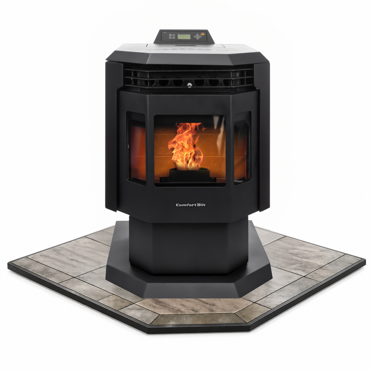 ComfortBilt HP21 pellet stove with 40" Iron Fog corner hearth pad combo