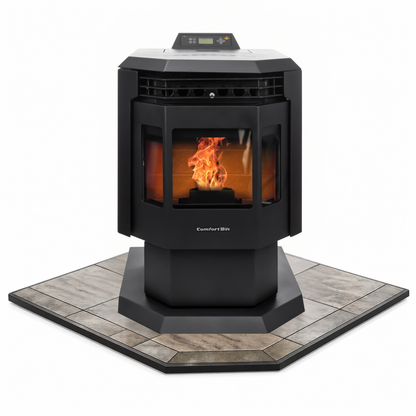 ComfortBilt HP21 pellet stove with 40" Iron Fog corner hearth pad combo