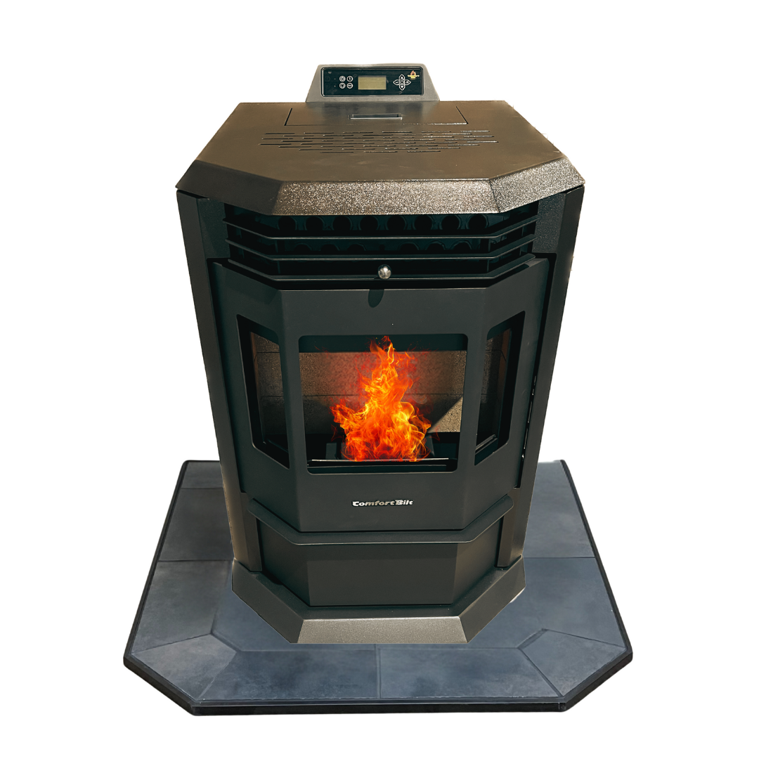 ComfortBilt HP22 Golden Brown pellet stove with 36" Black Copper hearth pad combo