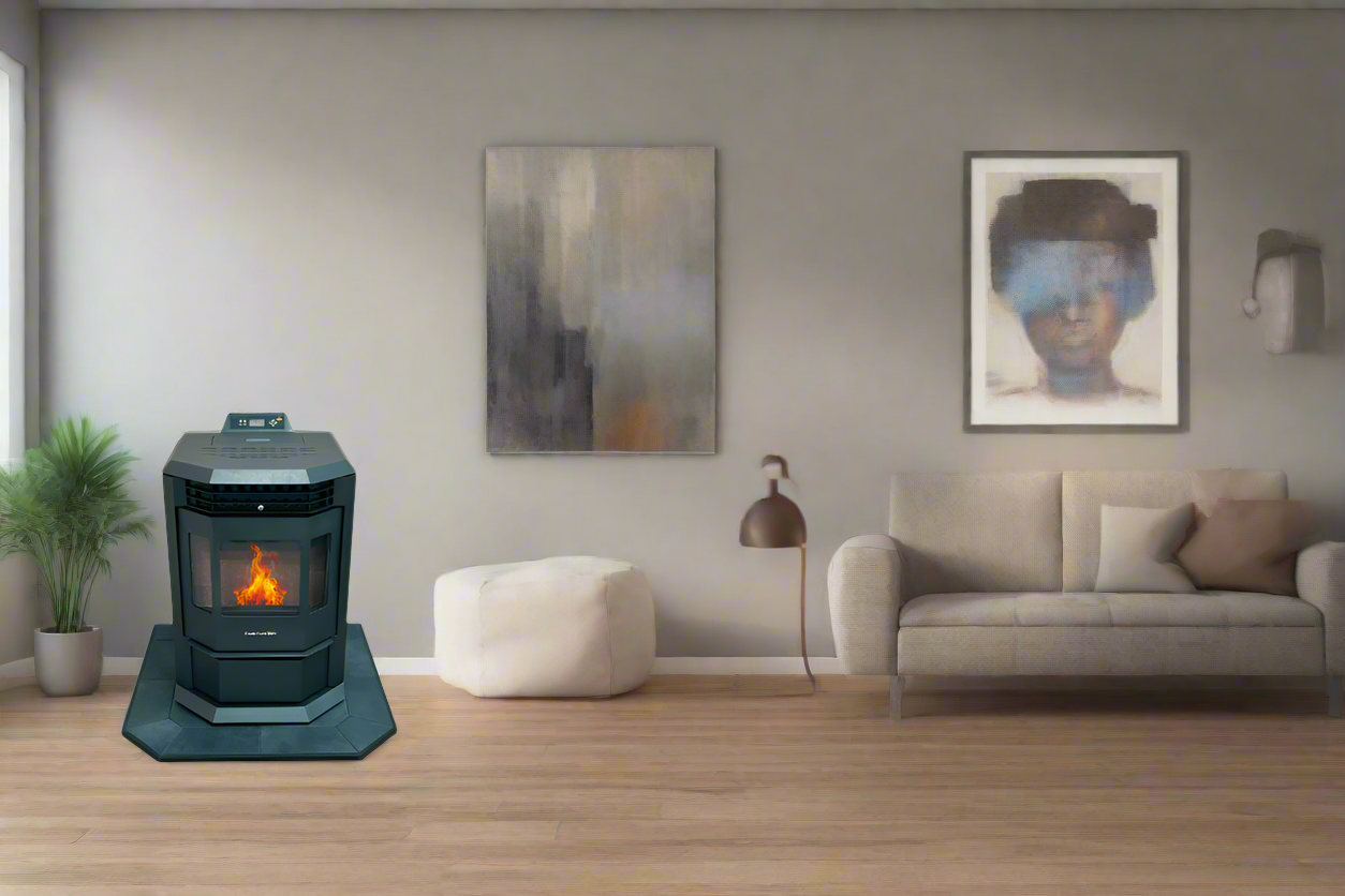 ComfortBilt HP22 Burgundy pellet stove with 36" Black Copper hearth pad combo — additional view 4