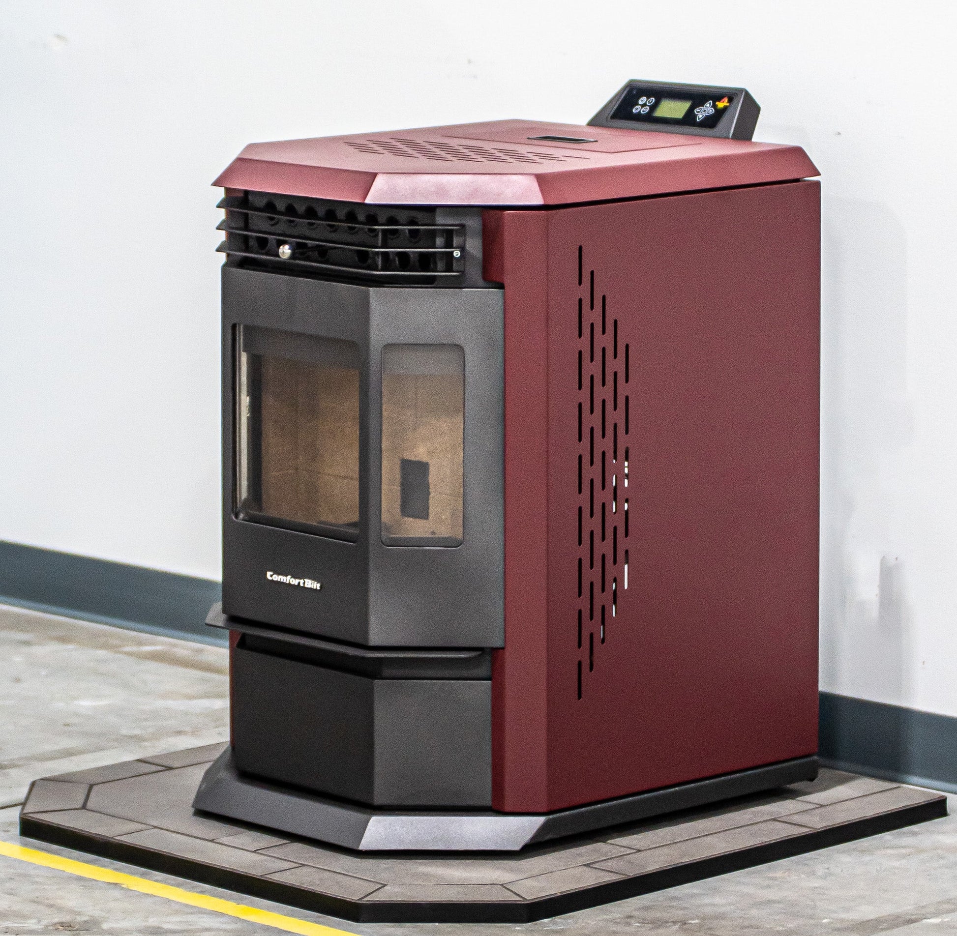 ComfortBilt HP22 Burgundy pellet stove with Pewter flatwall hearth pad combo — additional view 3