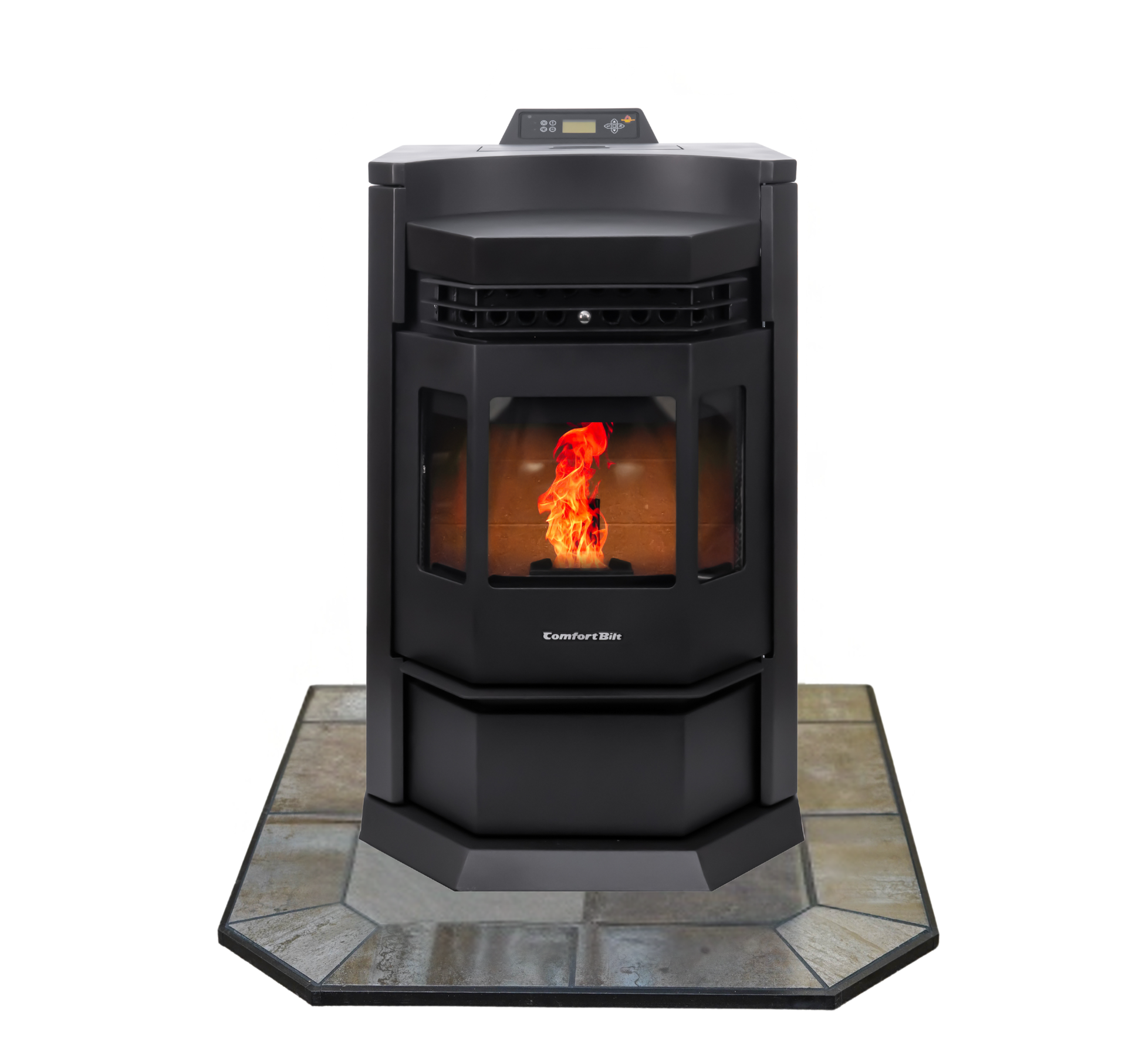 ComfortBilt HP22N Black pellet stove with 36" Iron Fog hearth pad combo