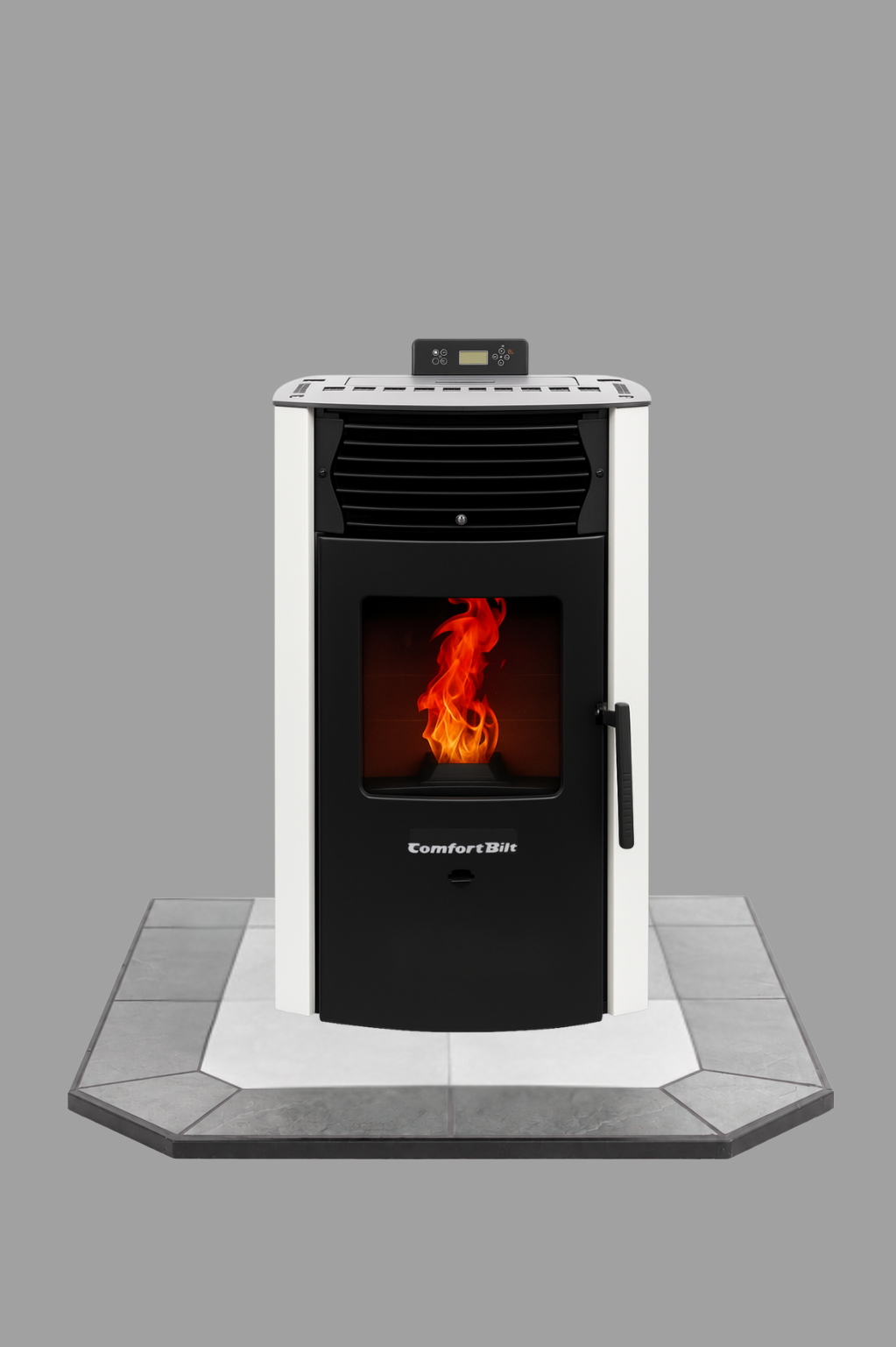 ComfortBilt HP50S Arctic White pellet stove with 36" Lunar Frost hearth pad combo