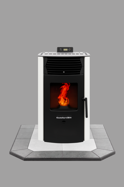 ComfortBilt HP50S Arctic White pellet stove with 36" Lunar Frost hearth pad combo