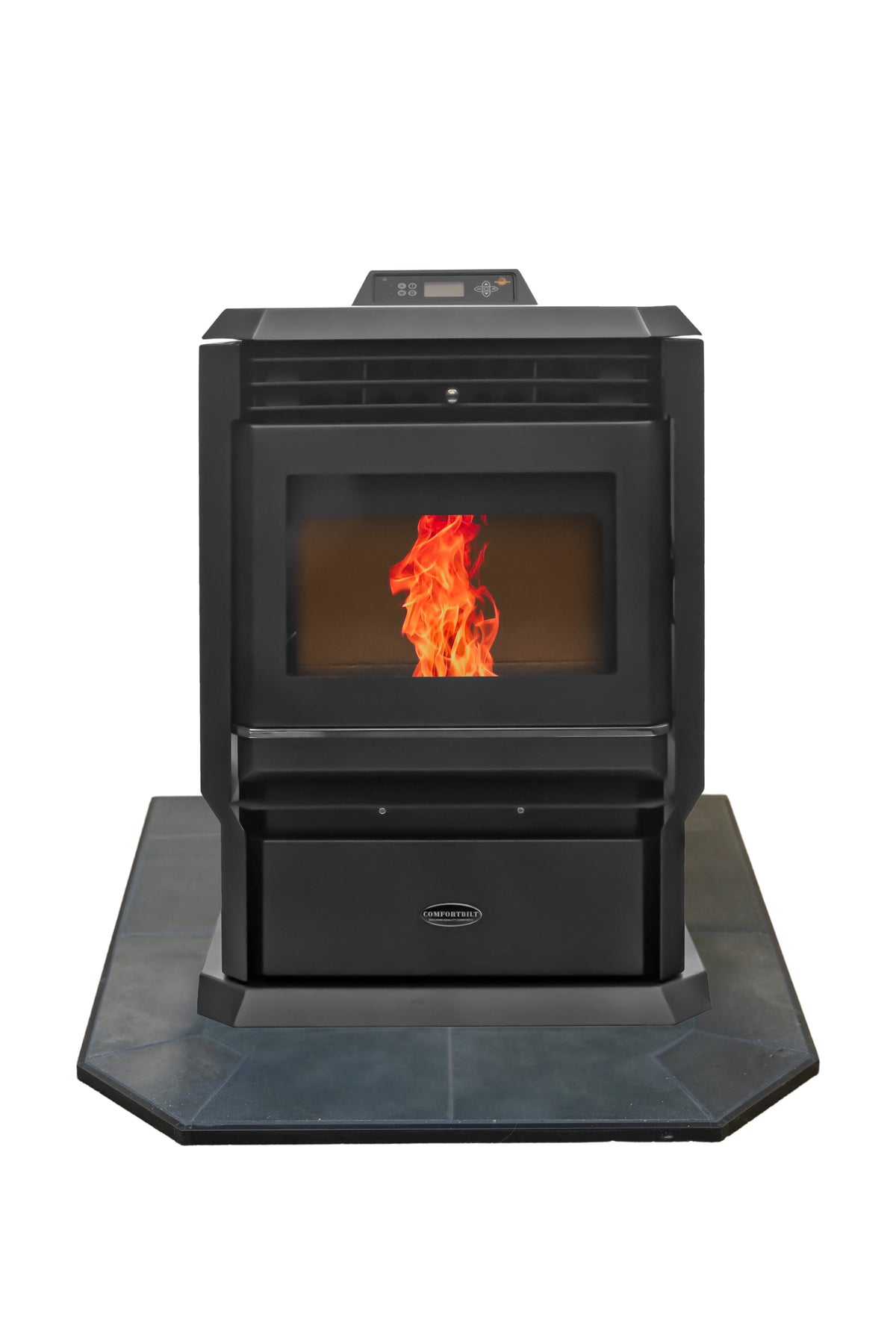 ComfortBilt HP61 pellet stove with 36" Black Copper flatwall hearth pad combo
