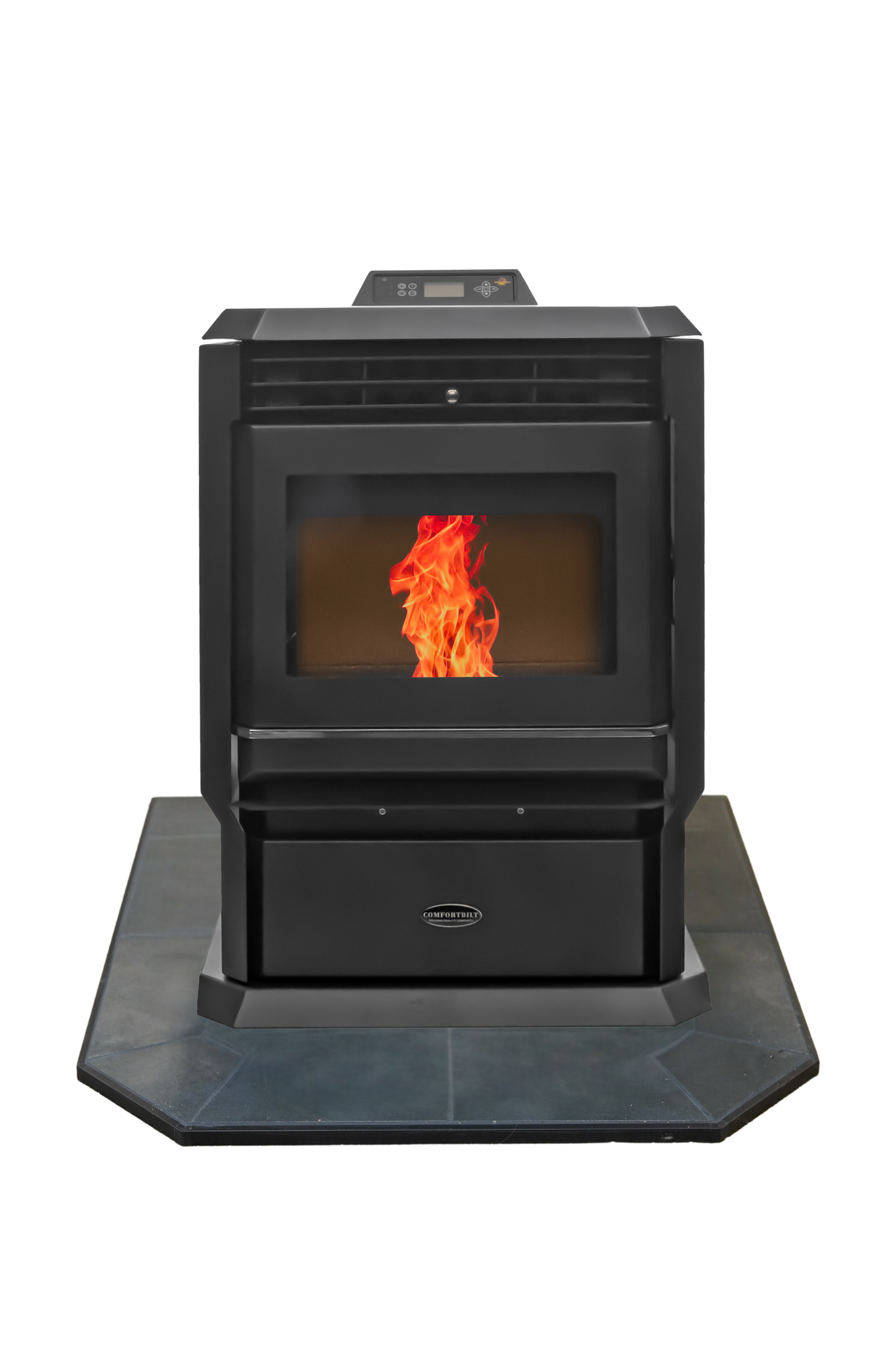 ComfortBilt HP61 pellet stove with 36" Black Copper flatwall hearth pad combo