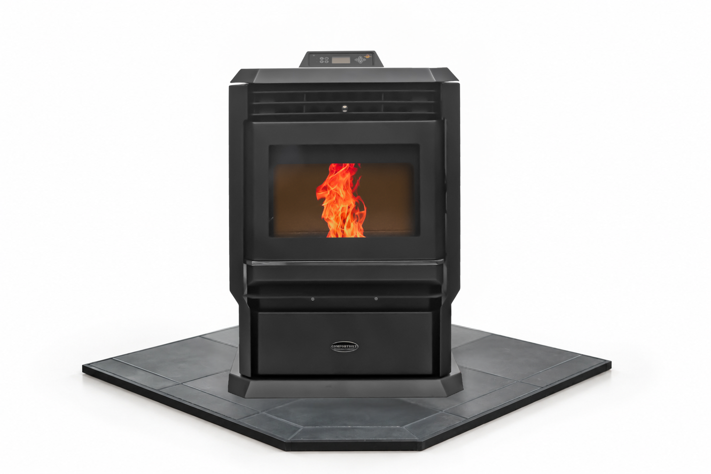 ComfortBilt HP61 pellet stove with 40" Black Copper corner hearth pad combo