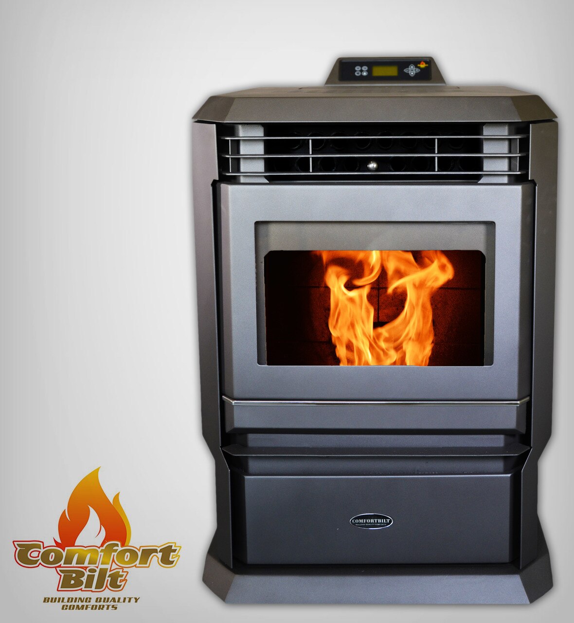 ComfortBilt HP61 pellet stove in Black — front with logo