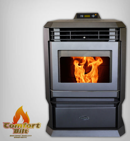 ComfortBilt HP61 pellet stove in Black — front with logo