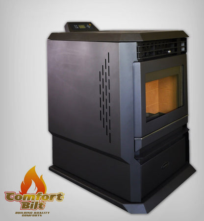 ComfortBilt HP61 pellet stove in Black — left side with logo