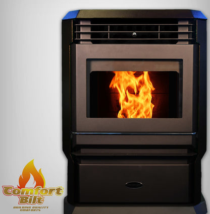 ComfortBilt HP61 pellet stove in Dark Brown — front logo