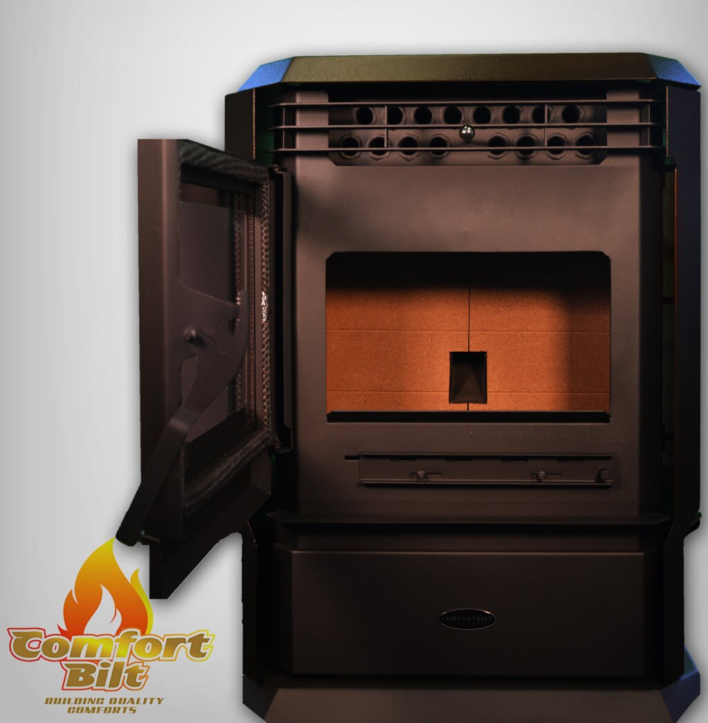 ComfortBilt HP61 pellet stove in Dark Brown — front open with logo