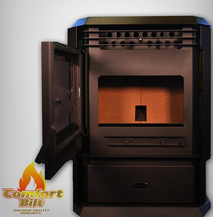 ComfortBilt HP61 pellet stove in Dark Brown — front open with logo