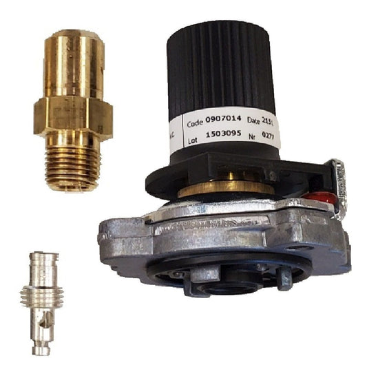 Typical Napoleon gas conversion kit for electronic ignition fireplaces: pressure regulator, main burner orifice and pilot injector