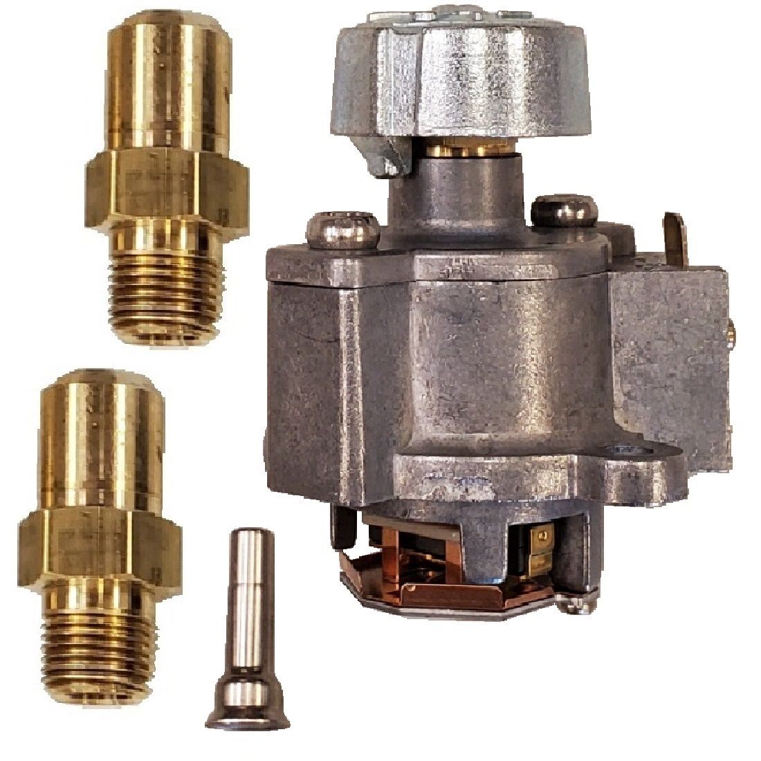 Typical Napoleon gas conversion kit for millivolt fireplaces: millivolt valve regulator, burner orifices and pilot injector