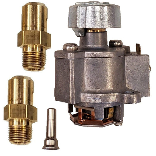 Typical Napoleon gas conversion kit for millivolt fireplaces: millivolt valve regulator, burner orifices and pilot injector