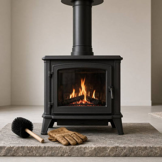 Wood stove with black stove pipe and chimney brush on the hearth, for chimney and creosote cleaning